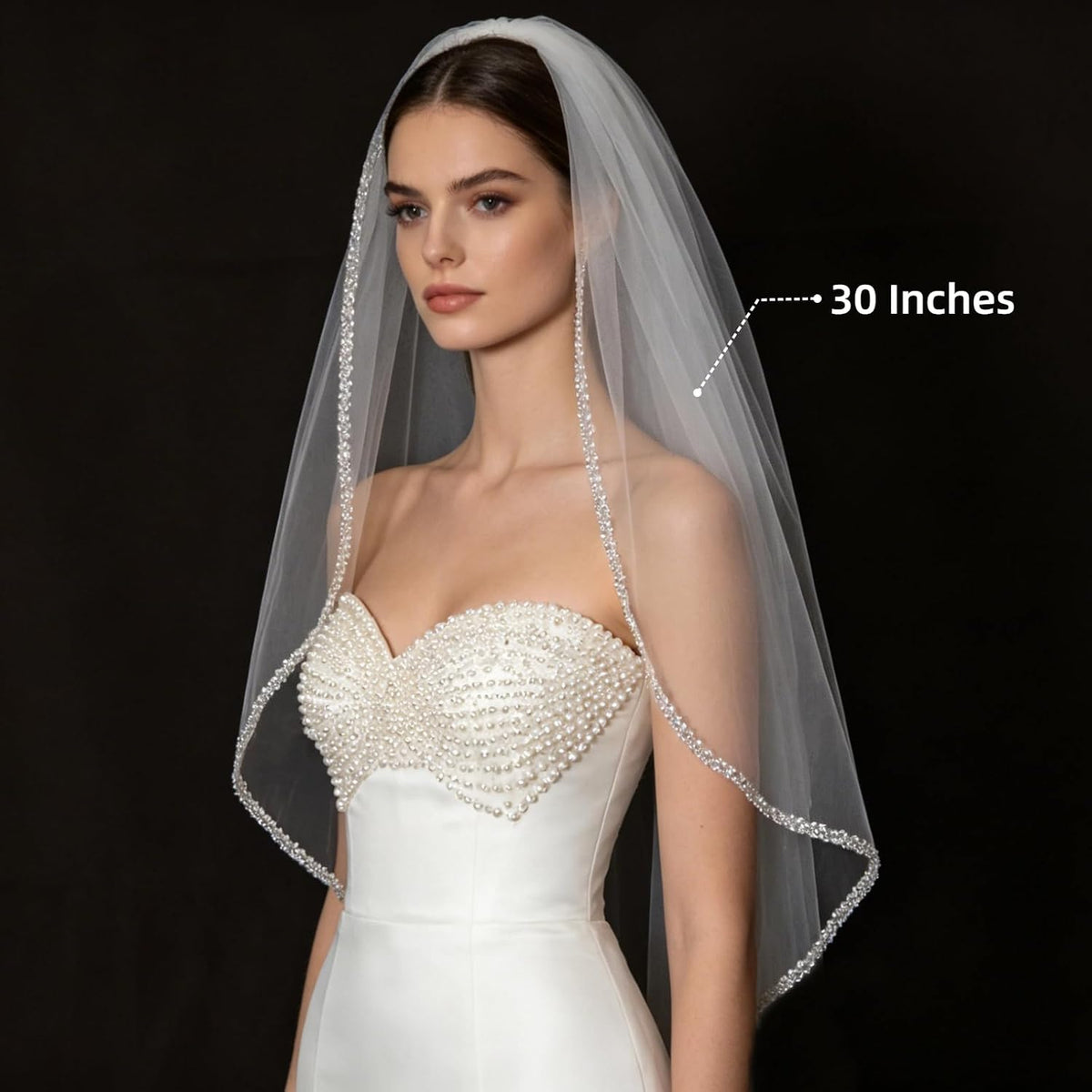1 Tier Wedding Veil Fingertip Length with Pearls Beaded Edge