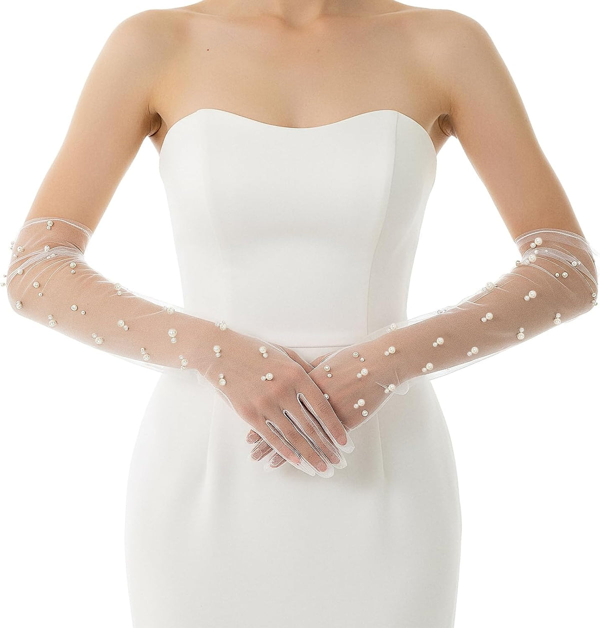 Pearl Long Wedding Gloves Women’s Tulle Bridal Gloves Sheer White Finger Long Bridal Sleeves, Opera Prom Evening Party Costumes for Women
