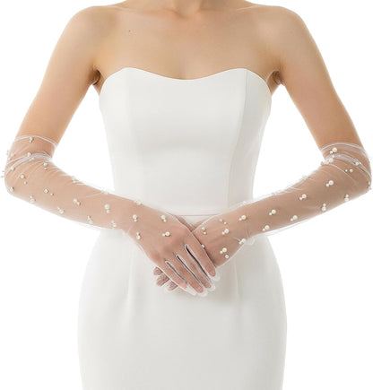 Pearl Long Wedding Gloves Women’s Tulle Bridal Gloves Sheer White Finger Long Bridal Sleeves, Opera Prom Evening Party Costumes for Women