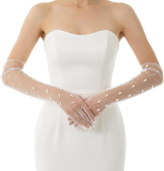 Pearl Long Wedding Gloves Women’s Tulle Bridal Gloves Sheer White Finger Long Bridal Sleeves, Opera Prom Evening Party Costumes for Women
