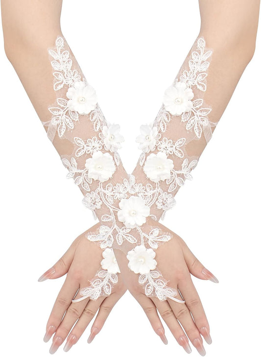 Women's Fingerless Lace Gloves White Elegant for Bridal Wedding