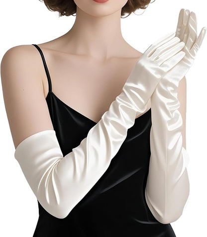 THARAHT Women Long Gloves with Satin Elbow Length for 1920s Opera Tea Party Costumes Bridal Evening Dress