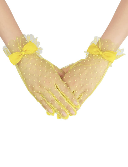 Short Polka Dot Lace Gloves Bow Mesh Tea Party Gloves for Women