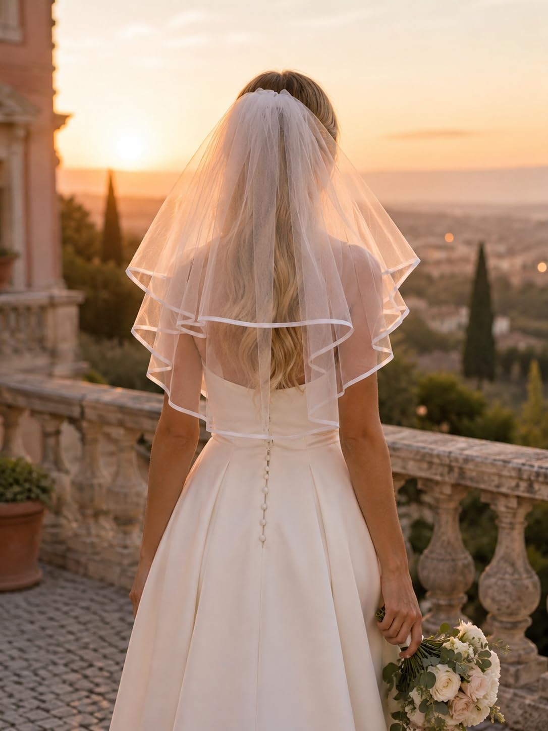 White Bridal Veil Short 2 Tier Veil with white binding