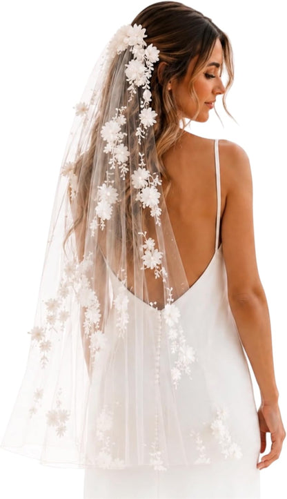 Fingertip Bridal Veil with 3D Flowers and Pearls, Ivory Wedding Veil for Bride, Soft Tulle Floral Veil