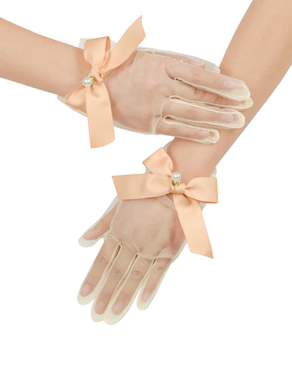 Women Short Pearl Tulle Gloves with Bow Wedding Mesh Tea Party Gloves