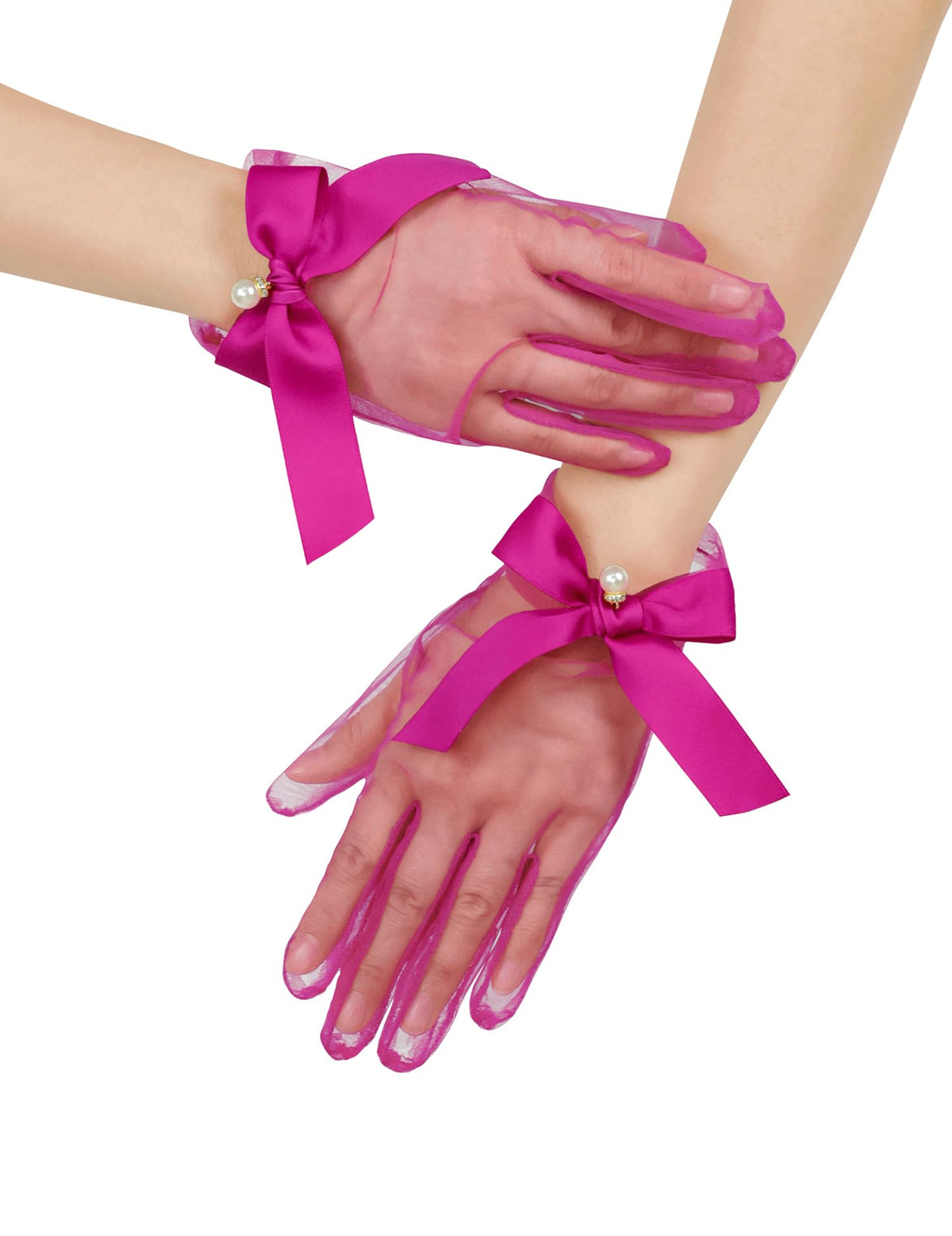 Women Short Pearl Tulle Gloves with Bow Wedding Mesh Tea Party Gloves