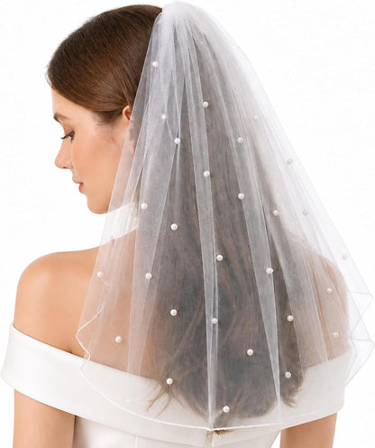 Pearl Bride Veil with Comb, Short Tulle Veil for Wedding