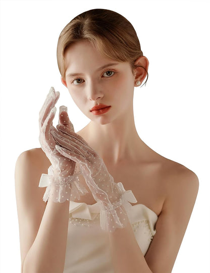 Short Polka Dot Lace Gloves Bow Mesh Tea Party Gloves for Women