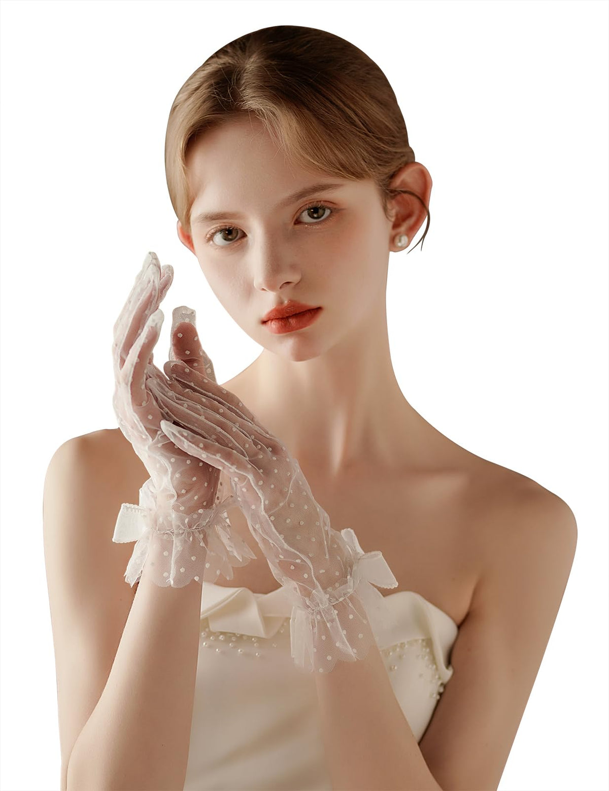 Short Polka Dot Lace Gloves Bow Mesh Tea Party Gloves for Women