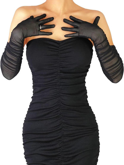Stretchy Ruched Sheer Mesh Tulle Long Opera Gloves for Women