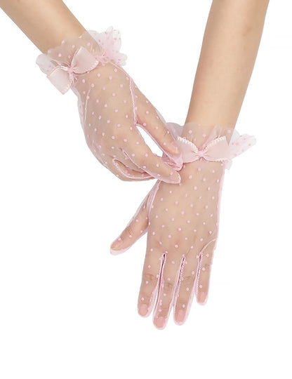 Short Polka Dot Lace Gloves Bow Mesh Tea Party Gloves for Women