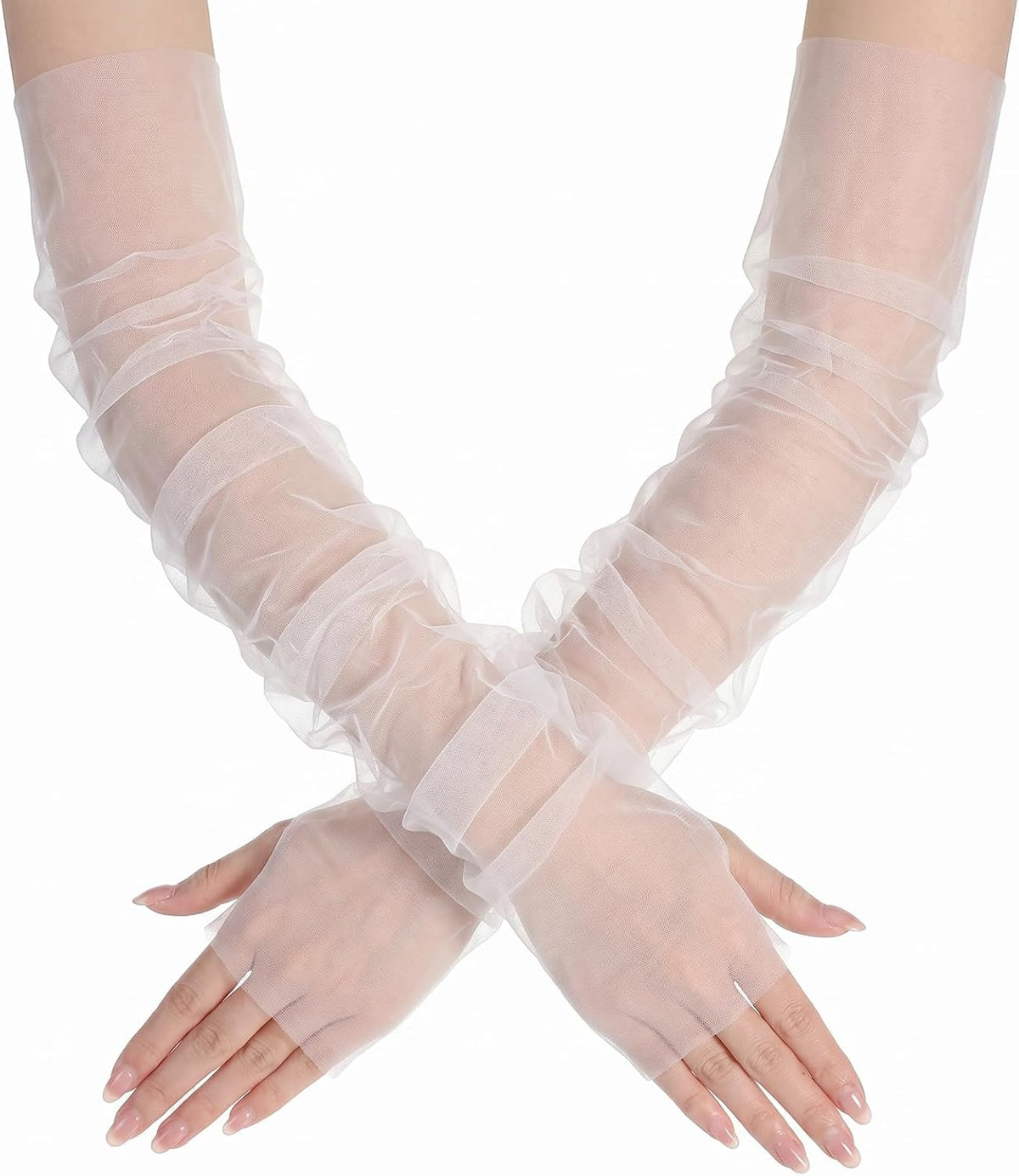 Women's Long Ruched Fingerless Gloves, White Sheer Tulle Mesh Pearl Bridal Opera Gloves for Wedding Party Prom