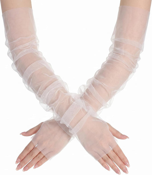 Women's Long Ruched Fingerless Gloves, White Sheer Tulle Mesh Pearl Bridal Opera Gloves for Wedding Party Prom
