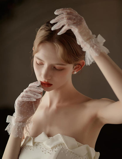 Short Polka Dot Lace Gloves Bow Mesh Tea Party Gloves for Women