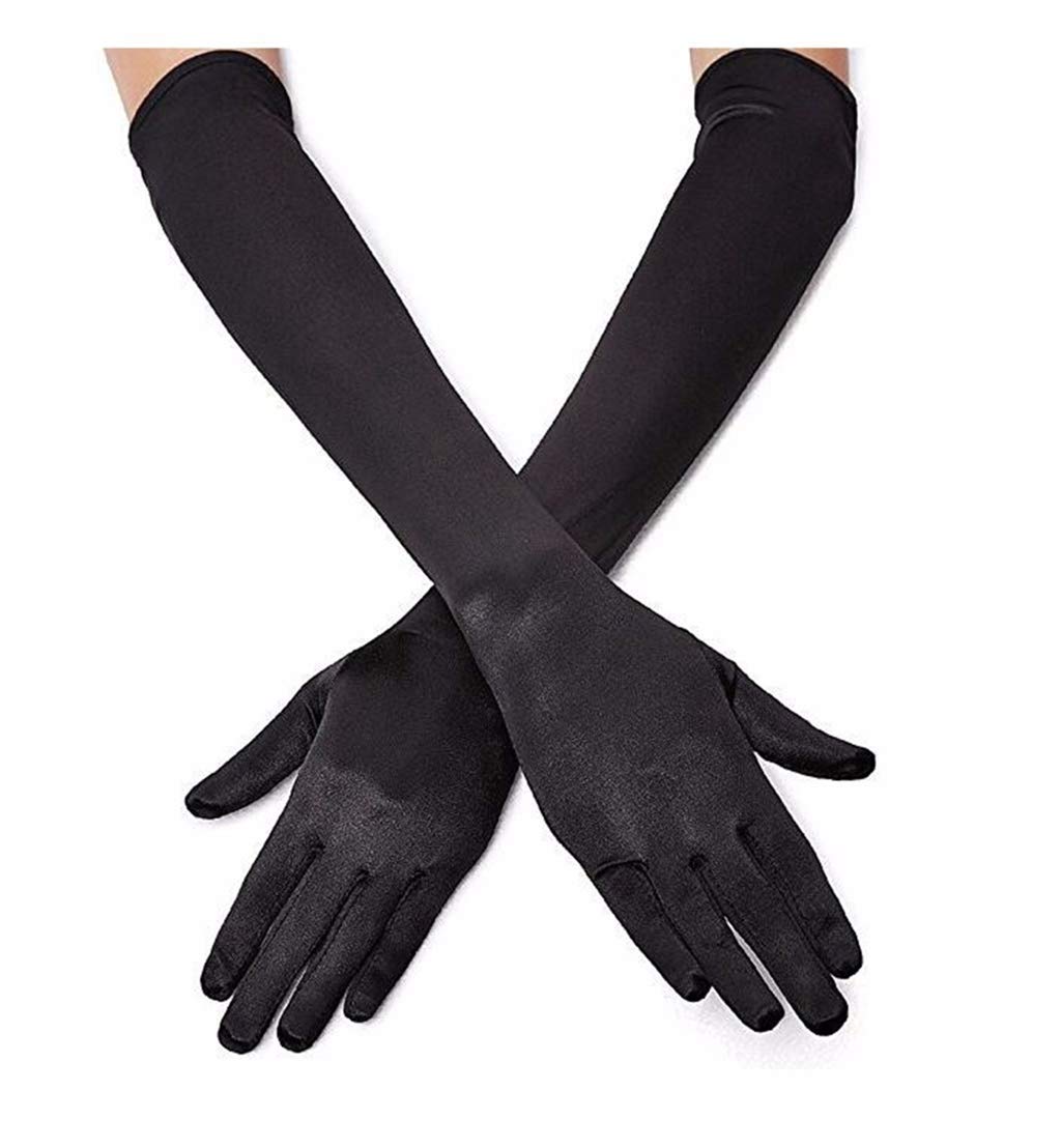 DreamHigh Women's Evening Party Mittens 21" Long Black/White Satin Finger Gloves
