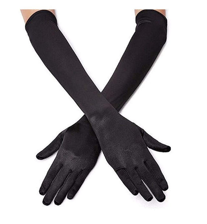 DreamHigh Women's Evening Party Mittens 21" Long Black/White Satin Finger Gloves