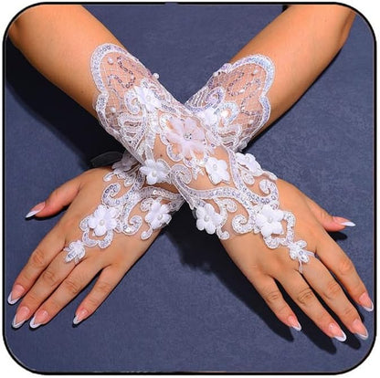 Fingerless Flower Lace Gloves White Wedding Gloves Pearl Bridal Accessories for Women and Brides