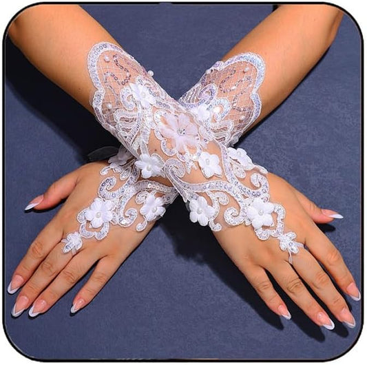 Fingerless Flower Lace Gloves White Wedding Gloves Pearl Bridal Accessories for Women and Brides