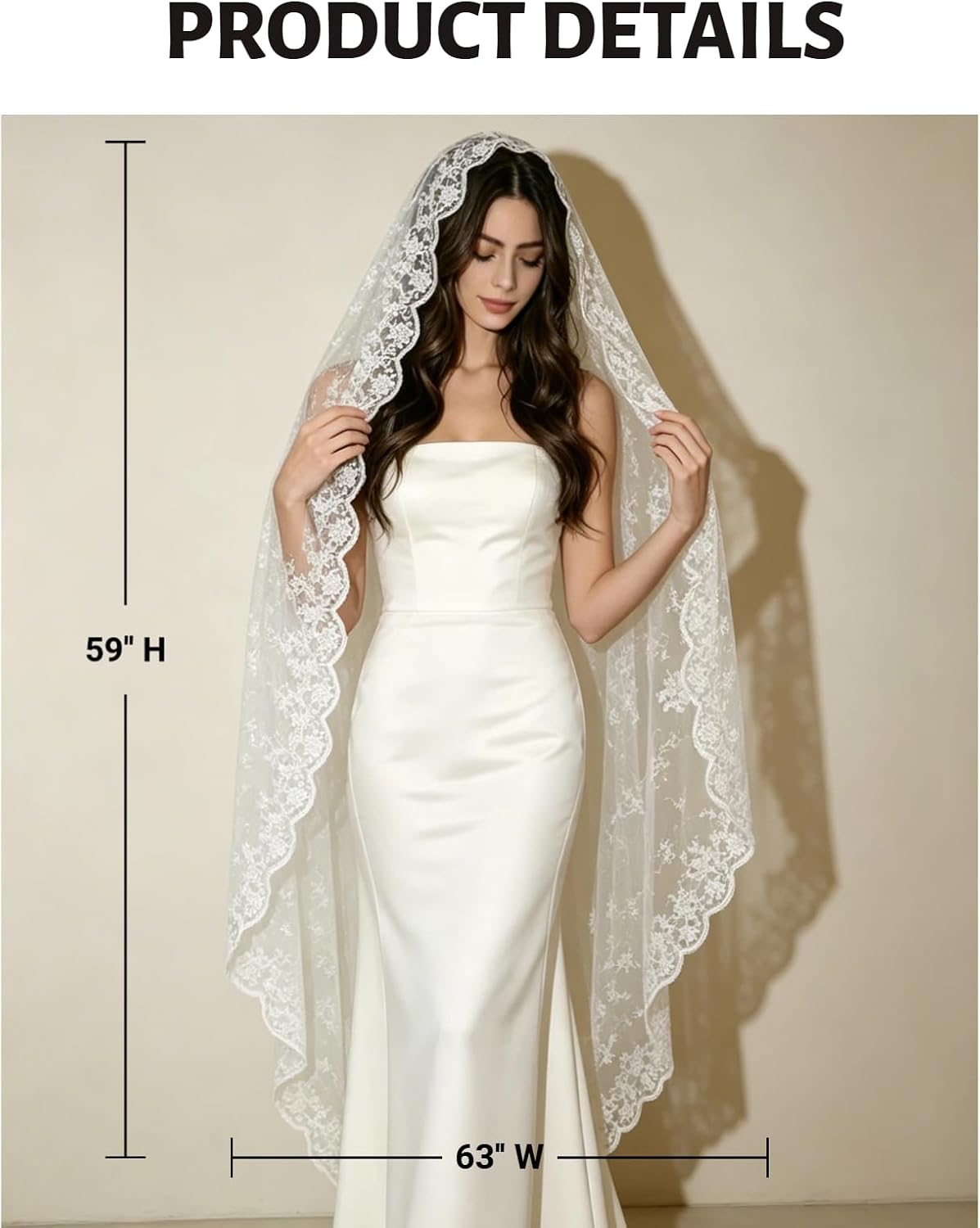 Mantilla Wedding Veil with Lace Edge Fingertip & Waltz Length