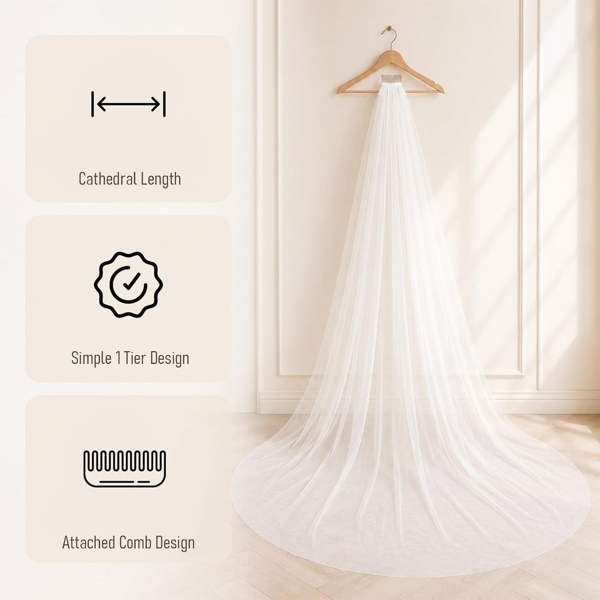 Cathedral Wedding Veils with Comb, 1 Tier Bride Wedding Long Veil