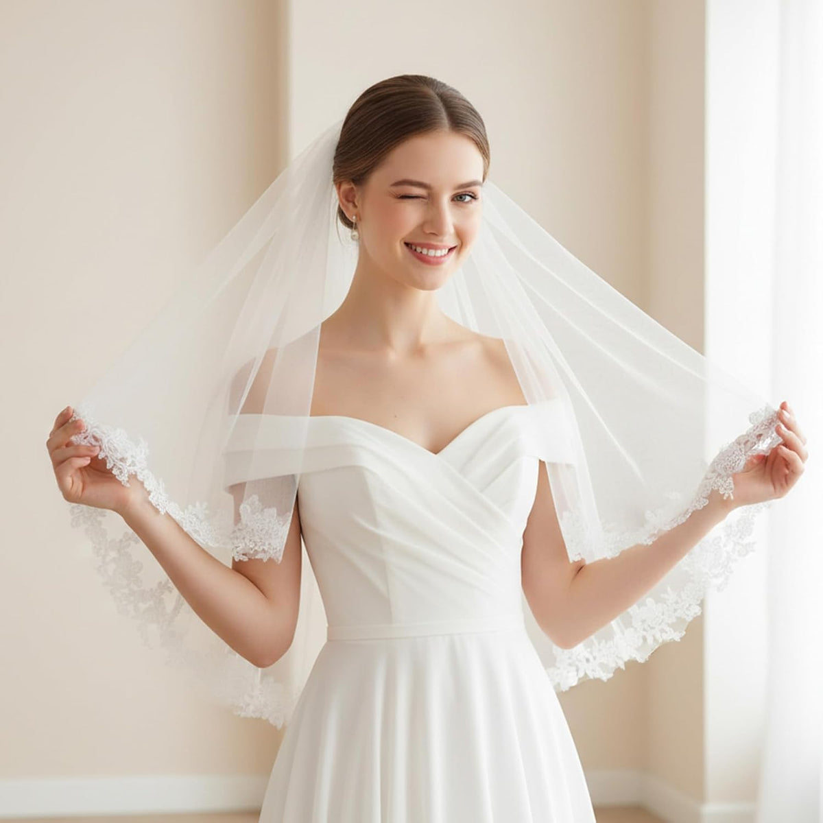 White Lace Wedding Veil, Bride Wedding Veils, Women Weddings Veils with Comb