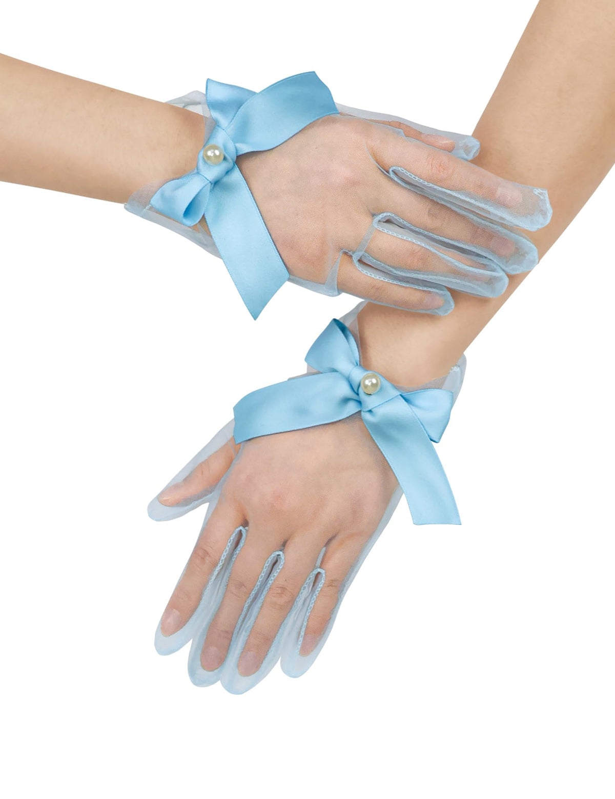 Women Short Pearl Tulle Gloves with Bow Wedding Mesh Tea Party Gloves