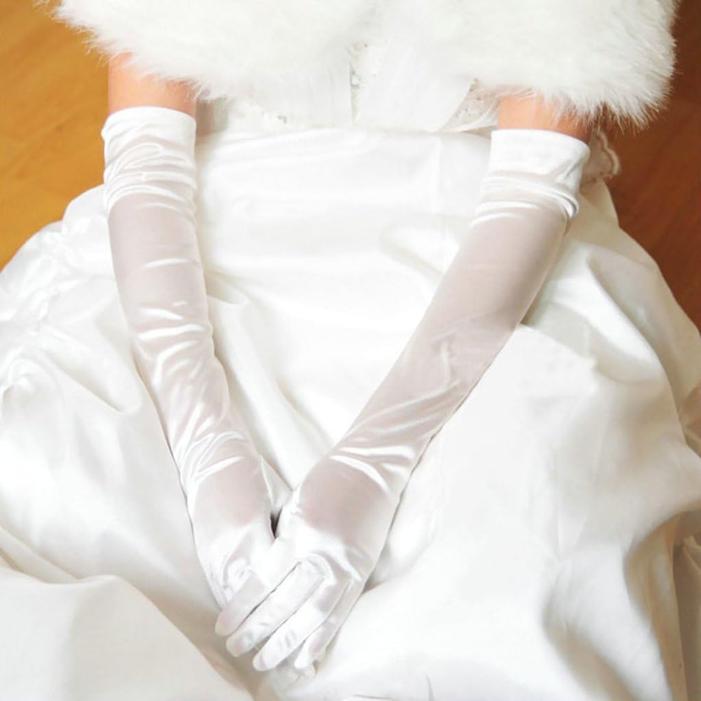 DreamHigh Women's Evening Party Mittens 21" Long Black/White Satin Finger Gloves