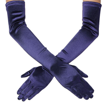 DreamHigh Women's Evening Party Mittens 21" Long Black/White Satin Finger Gloves
