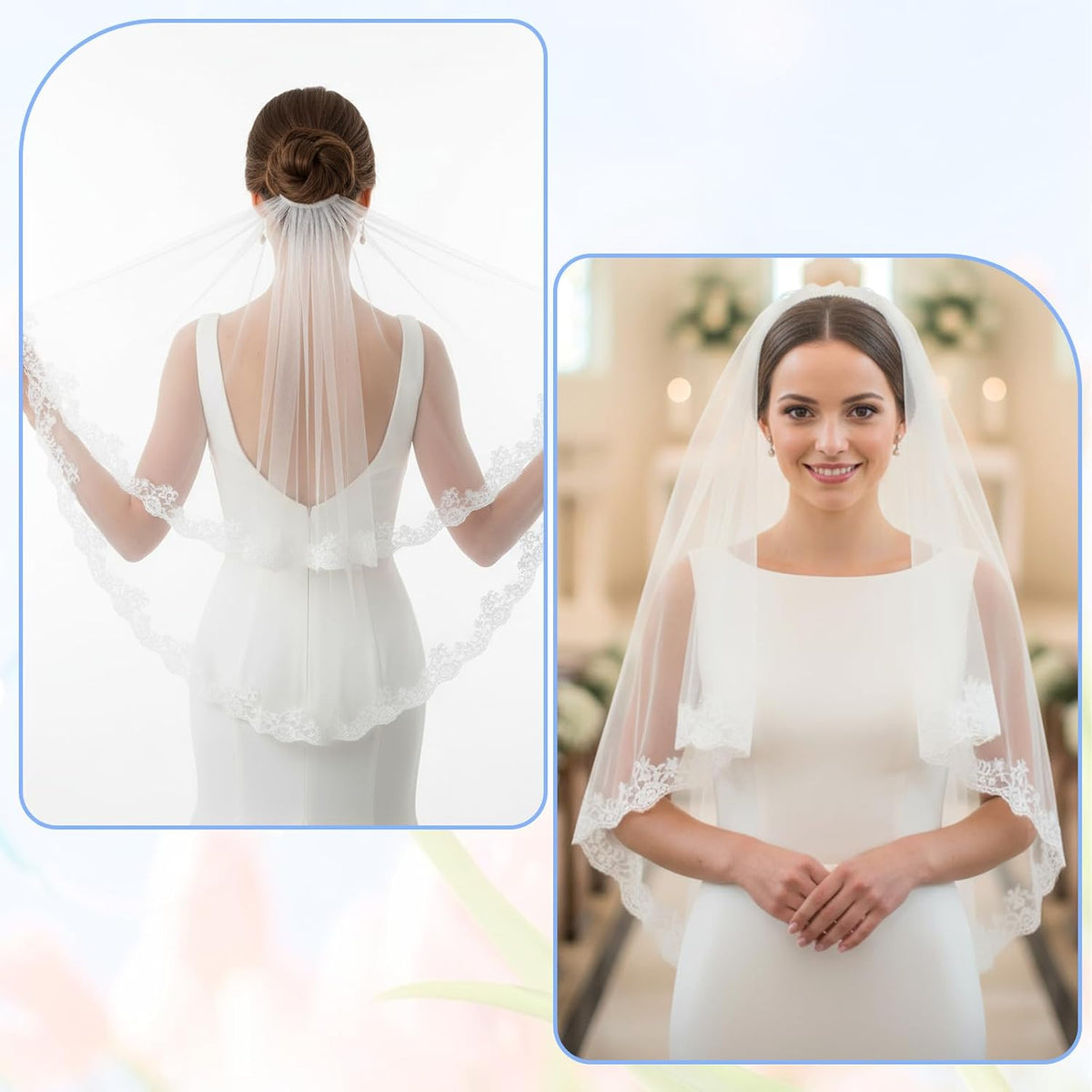 White Lace Veil, Lace Appliques Bridal Veils, Bridal Wedding Veil, Women's Satin Edge Tulle for Wedding, Bachelorette Party, Brides Shower (78cm/30.7 Inches)