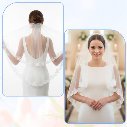 White Lace Veil, Lace Appliques Bridal Veils, Bridal Wedding Veil, Women's Satin Edge Tulle for Wedding, Bachelorette Party, Brides Shower (78cm/30.7 Inches)
