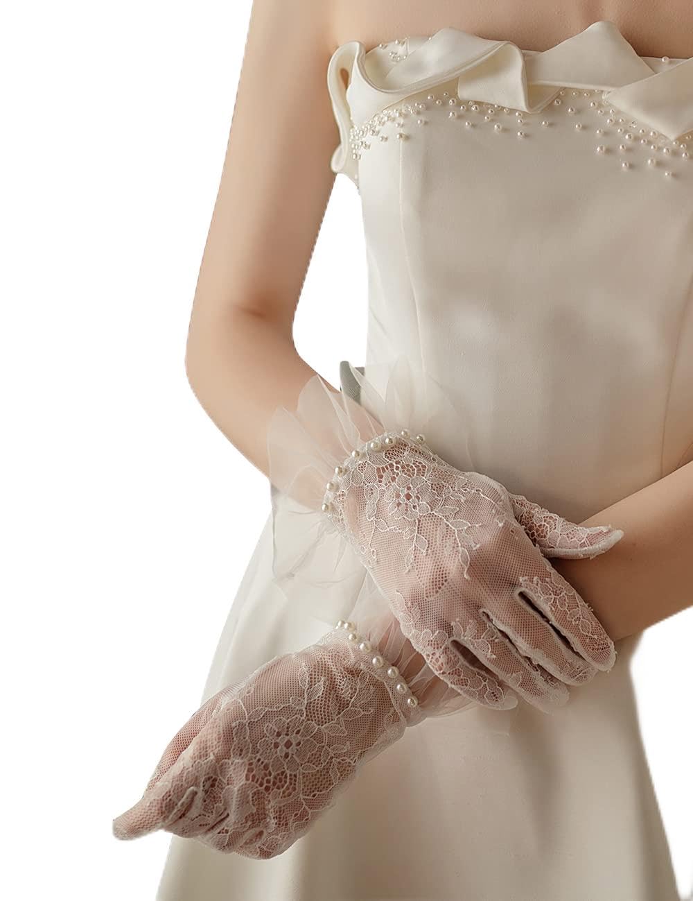 QRBTSCL Women's Lace Gloves Short Tea Party Wedding Bridal Gloves with Bow