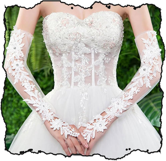 White Long Lace Gloves Fingerless Wedding Gloves for Women