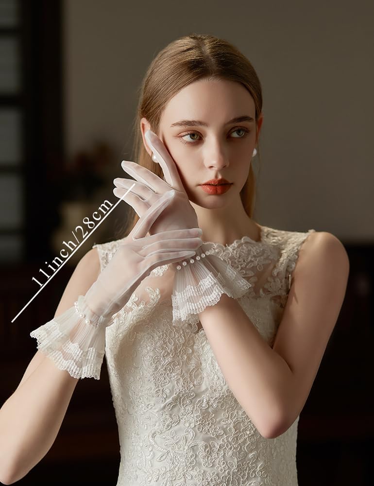 Women's Short Pearls Lace Mesh Gloves Tulle Bridal Tea Party Gloves