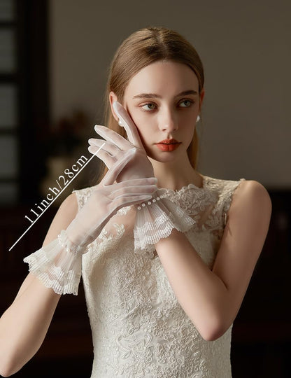 Women's Short Pearls Lace Mesh Gloves Tulle Bridal Tea Party Gloves