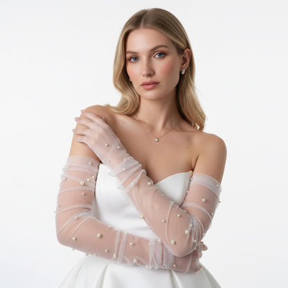 Long Tulle Pearl Wedding Gloves Elbow Length Summer Fingerless Glove