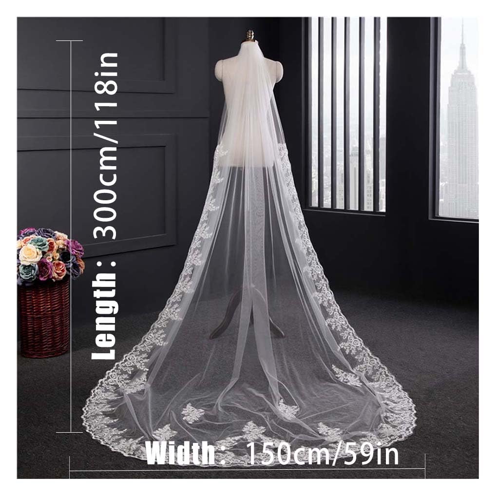 Ursumy Gorgeous Wedding Lace Veils Floral Long Cathedral Veils for Brides Soft Tulle Bridal Veil with Comb 118" (Ivory)