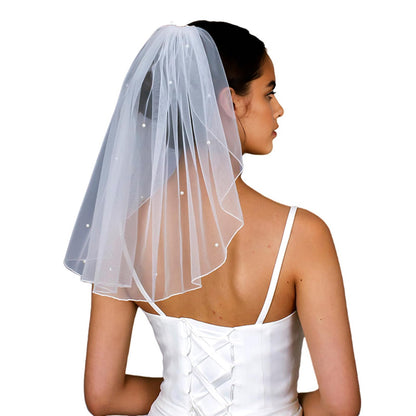 Bridal Wedding Pearl Veil 1 Tier Short Vails with Rhinestone for Bride