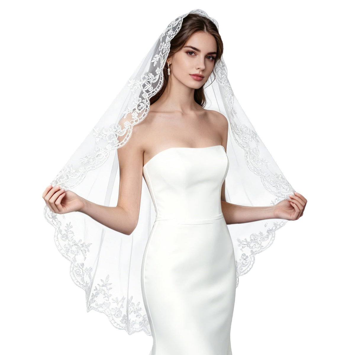Mantilla Wedding Veil with Lace Edge Fingertip & Waltz Length