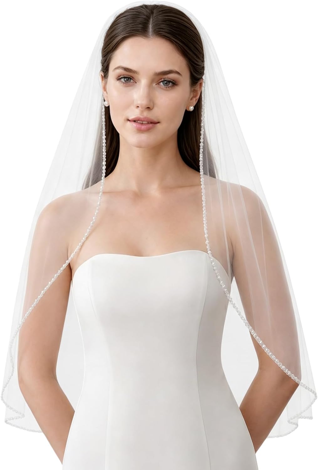 1 Tier Wedding Veil Fingertip Length with Pearls Beaded Edge