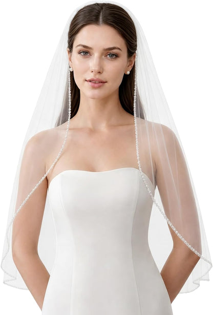 1 Tier Wedding Veil Fingertip Length with Pearls Beaded Edge
