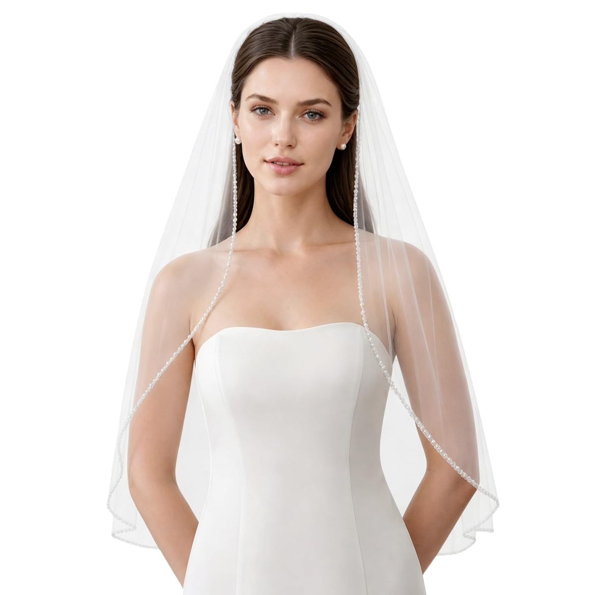 1 Tier Wedding Veil Fingertip Length with Pearls Beaded Edge