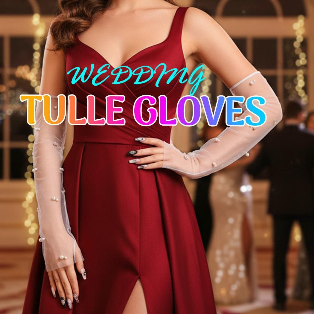CASDRE Long Wedding Tulle Gloves White Pearl Bridal Arm Sleeves Elbow Length Fingerless Halloween Gloves for Women and Girls