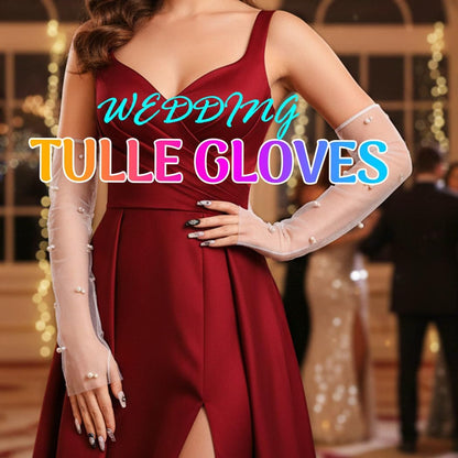 CASDRE Long Wedding Tulle Gloves White Pearl Bridal Arm Sleeves Elbow Length Fingerless Halloween Gloves for Women and Girls