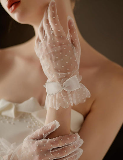 Short Polka Dot Lace Gloves Bow Mesh Tea Party Gloves for Women