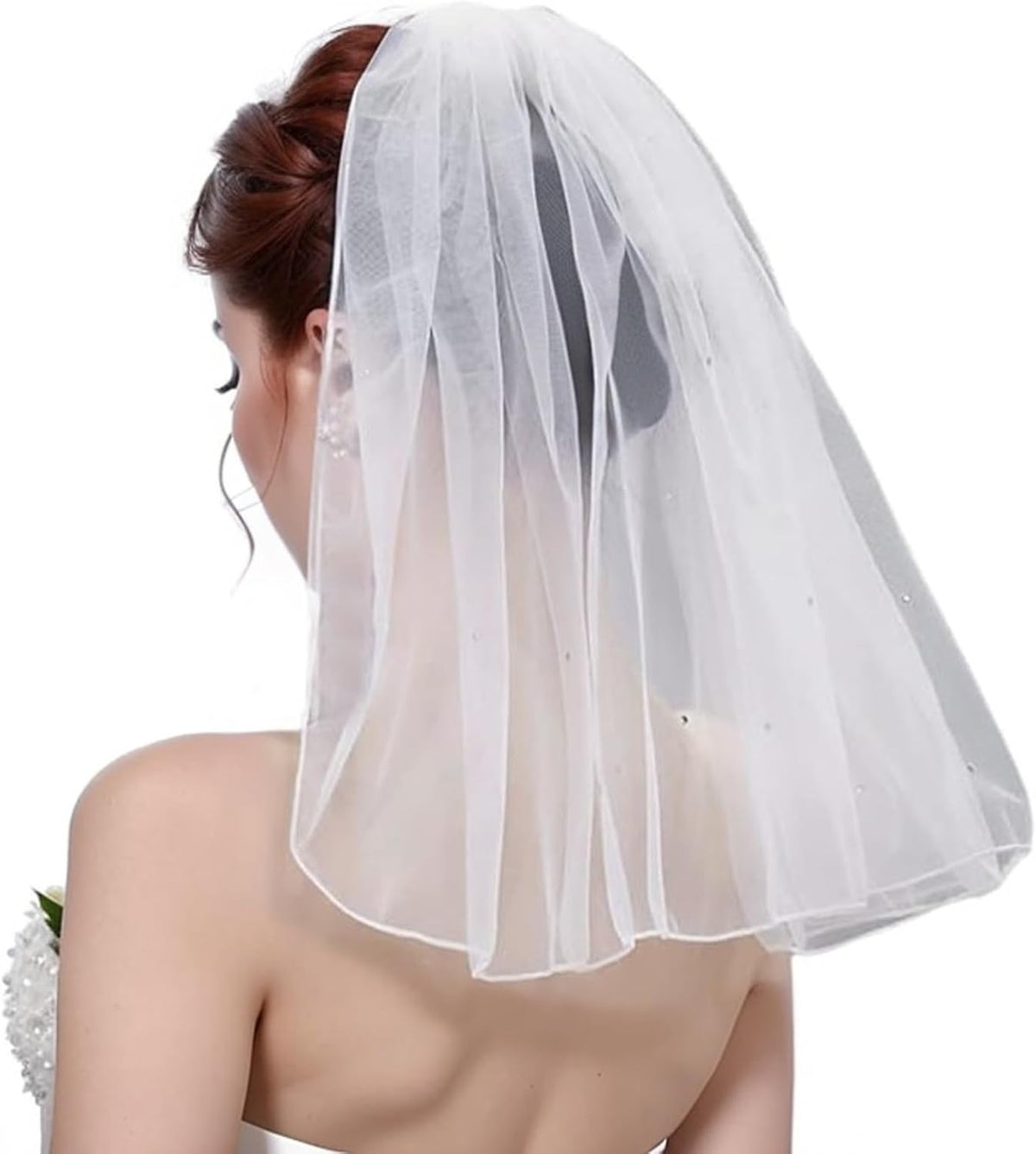 Bridal Wedding Pearl Veil 1 Tier Short Vails with Rhinestone for Bride