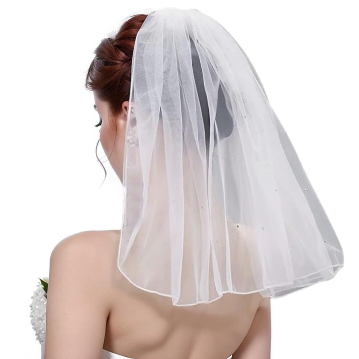 Bridal Wedding Pearl Veil 1 Tier Short Vails with Rhinestone for Bride