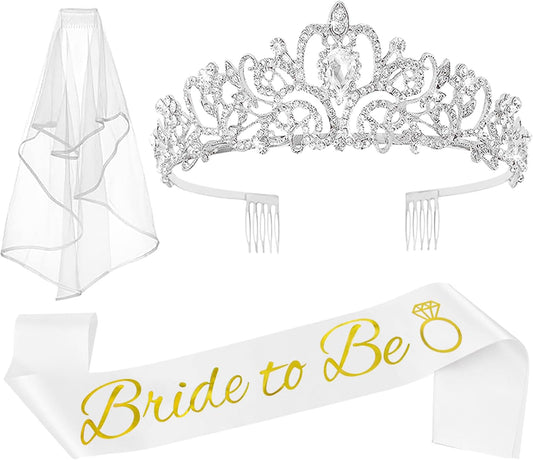 JETKONG 3 Pcs Bachelorette Party Decorations Bridal Shower Crown, Bride to Be Sash&Veil for Women Bachelorette Party Gifts, Bachelorette Party Supplies, Gifts, Favors (Silver)
