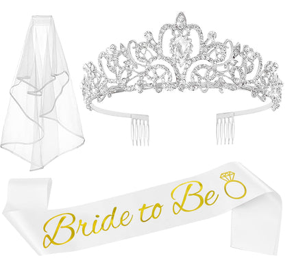 JETKONG 3 Pcs Bachelorette Party Decorations Bridal Shower Crown, Bride to Be Sash&Veil for Women Bachelorette Party Gifts, Bachelorette Party Supplies, Gifts, Favors (Silver)