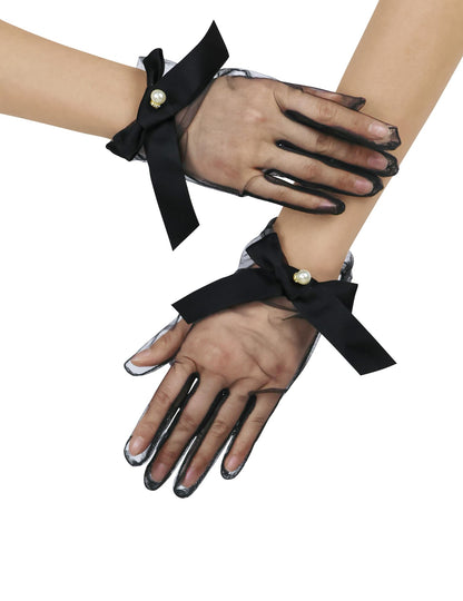 Women Short Pearl Tulle Gloves with Bow Wedding Mesh Tea Party Gloves